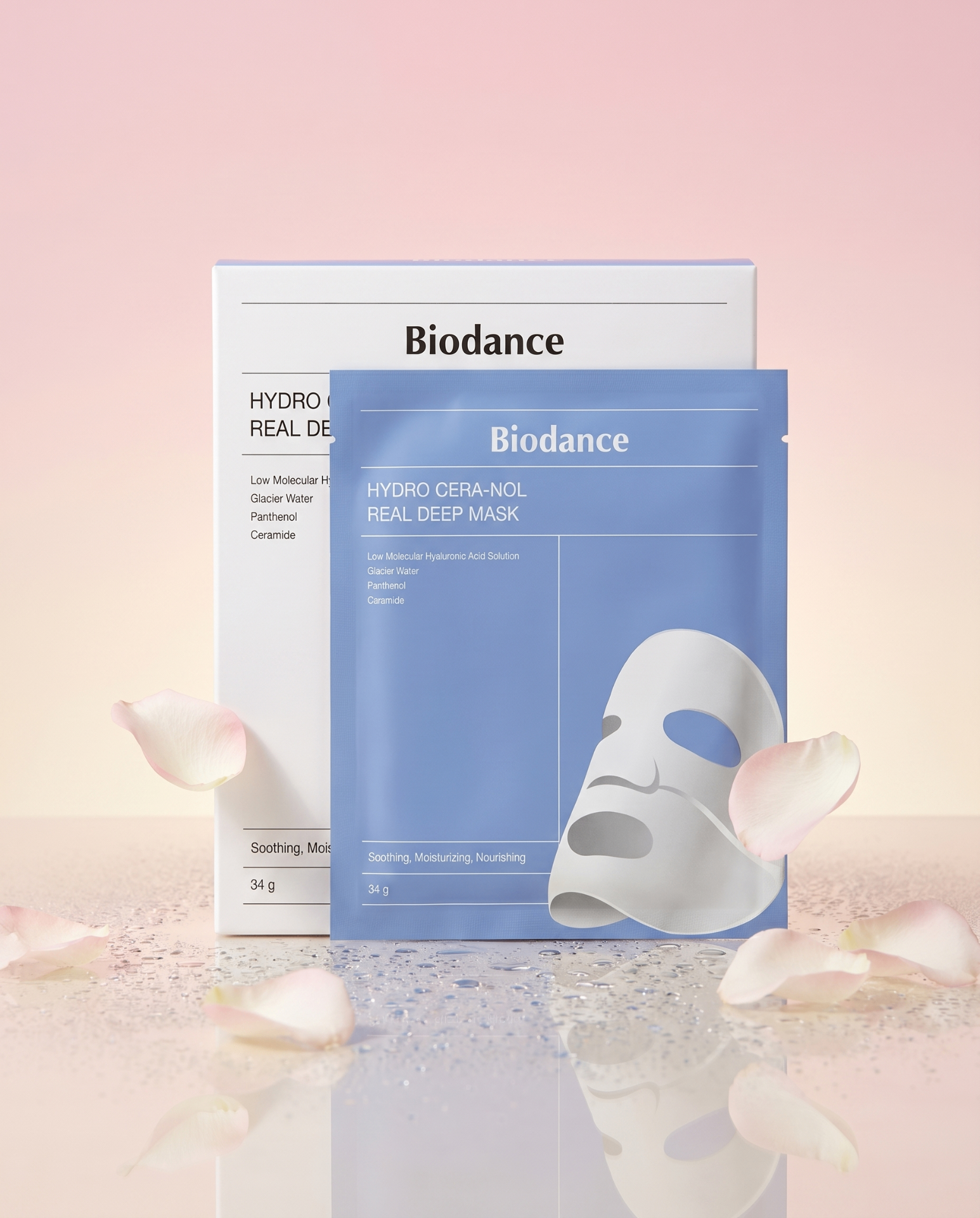 Biodance Hydro Cera-Nol Real Deep Mask sur fond pastel.