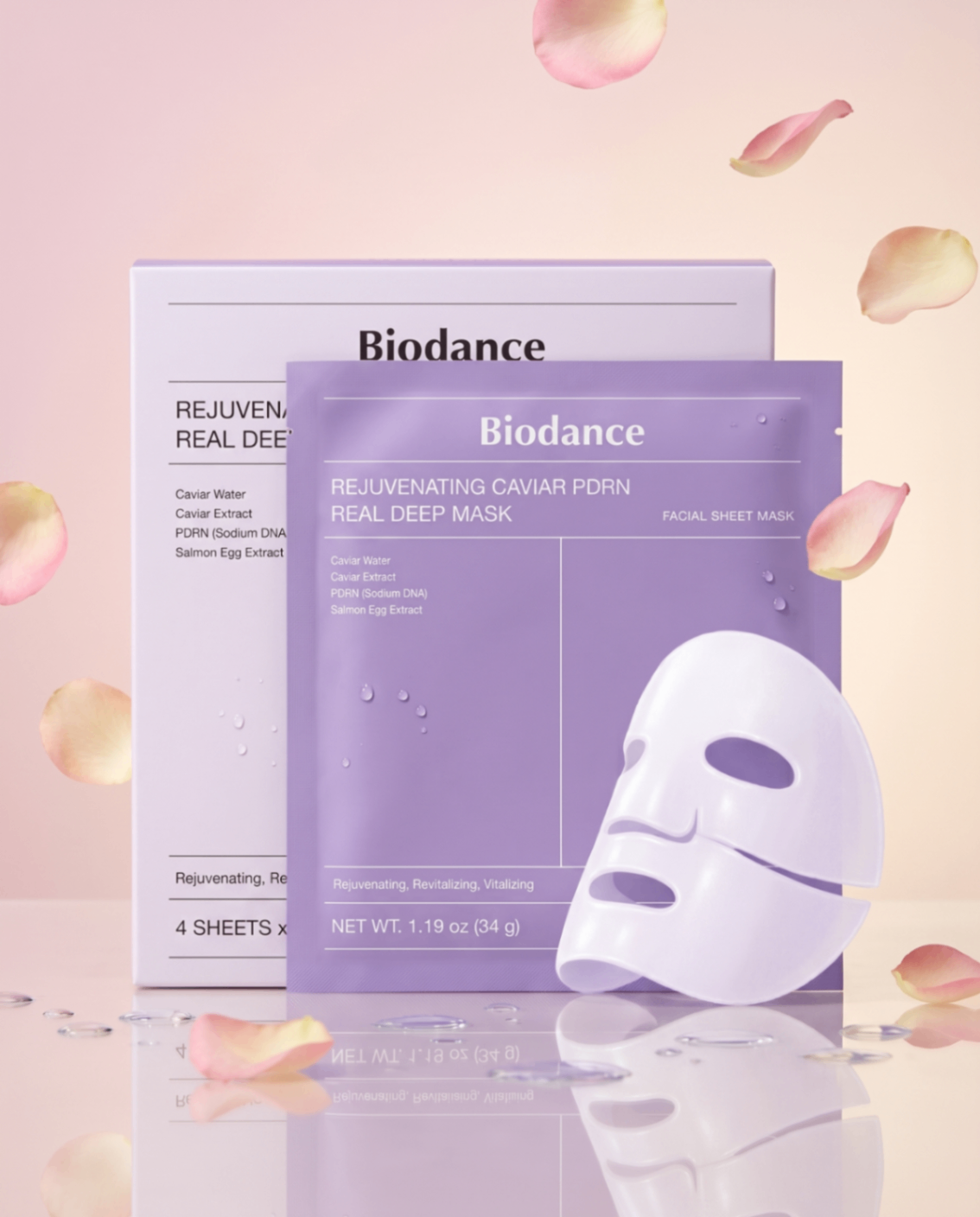 Biodance Rejuvenating Caviar PDRN Real Deep Mask sur fond pastel.